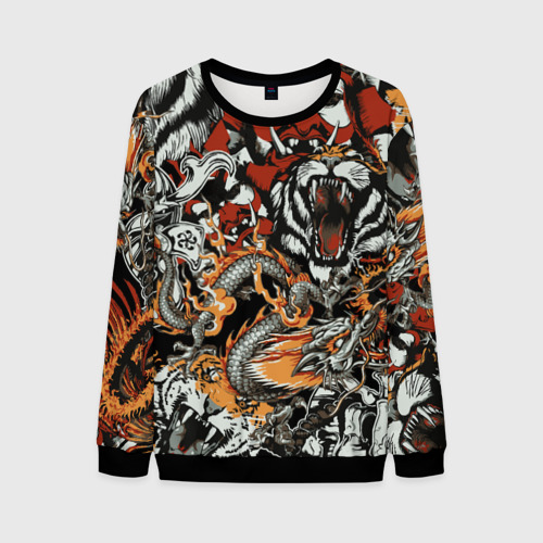 Мужской свитшот 3D Самурай дракон и тигр, цвет черный