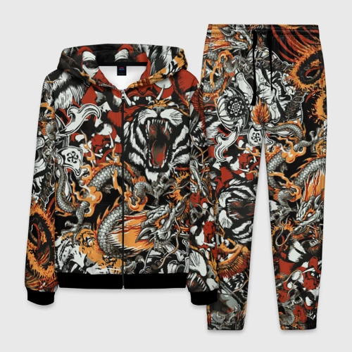 Мужской 3D костюм с принтом Самурай дракон и тигр, вид спереди #2