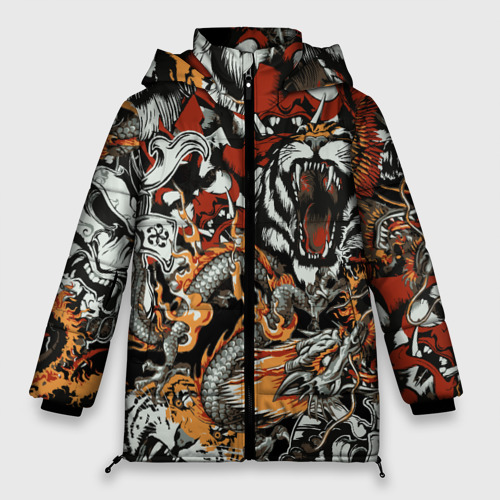 Женская зимняя куртка Oversize Самурай дракон и тигр, цвет черный
