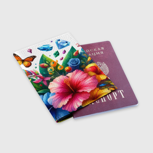 Обложка для паспорта матовая кожа Цветы бабочки и бриллианты, цвет желтый - фото 3