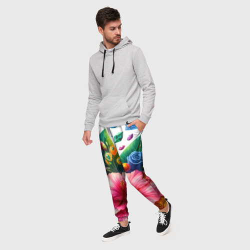 Мужские брюки 3D Цветы бабочки и бриллианты, цвет 3D печать - фото 3
