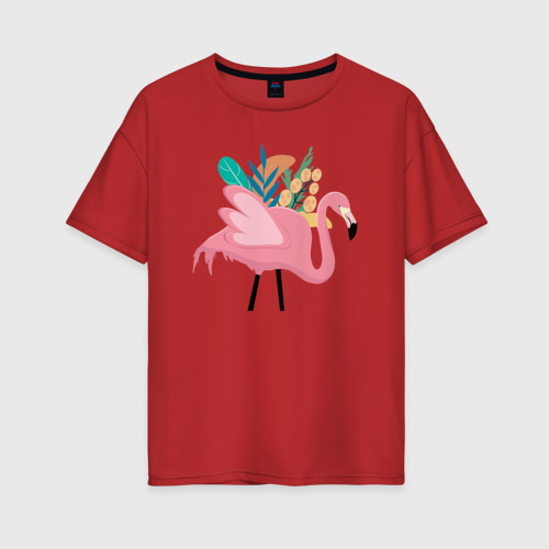 Женская футболка хлопок Oversize с принтом Фламинго на фоне листьев, вид спереди #2