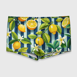Мужские купальные плавки 3D Ветки с желтыми лимонами - сине-белая полоска