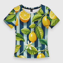 Женская футболка 3D Slim Ветки с желтыми лимонами - сине-белая полоска