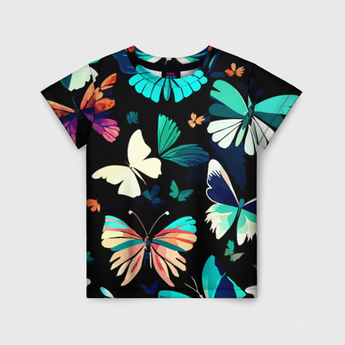 Детская футболка с принтом Бирюзовые бабочки паттерн, вид спереди №1