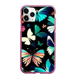 Чехол для iPhone 11 Pro матовый Бирюзовые бабочки паттерн