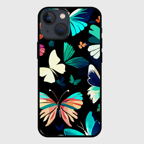Чехол для iPhone 13 mini с принтом Бирюзовые бабочки паттерн, вид спереди #2