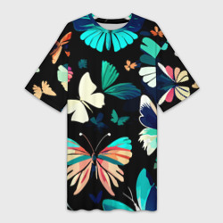 Платье-футболка 3D Бирюзовые бабочки паттерн