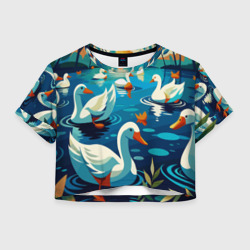 Женская футболка Crop-top 3D Гуси лебеди вода