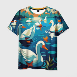 Мужская футболка 3D Гуси лебеди вода