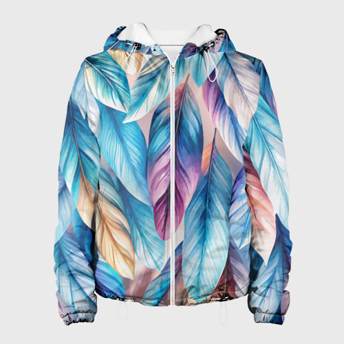 Женская куртка с принтом Акварельные перья птиц, вид спереди №1