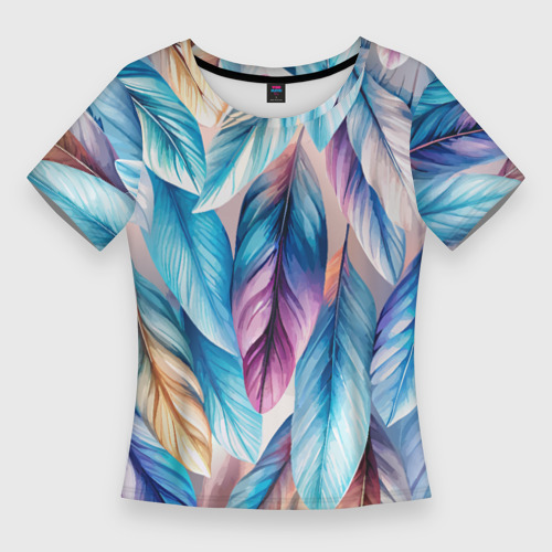 Женская приталенная футболка с принтом Акварельные перья птиц, вид спереди №1