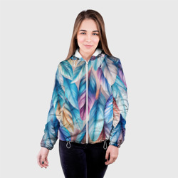 Куртка с принтом Акварельные перья птиц для женщины, вид на модели спереди №2. Цвет основы: белый