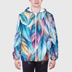 Куртка с принтом Акварельные перья птиц для мужчины, вид на модели спереди №3. Цвет основы: белый