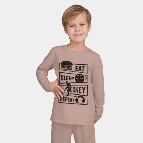 Детская пижама с лонгсливом хлопок с принтом Eat sleep hockey, фото на моделе #1