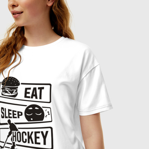 Женская футболка хлопок Oversize Eat sleep hockey, цвет белый - фото 3