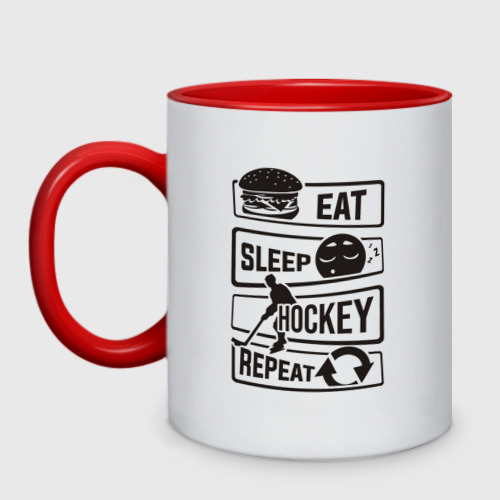 Кружка двухцветная Eat sleep hockey, цвет белый + красный