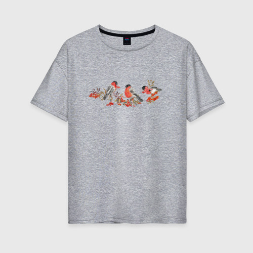 Женская футболка хлопок Oversize с принтом Снегири на рябине, вид спереди #2