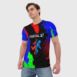 Футболка с принтом Portal 2 краски сочные текстура для мужчины, вид на модели спереди №2. Цвет основы: белый