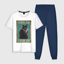 Мужская пижама с белой футболкой хлопок Винный черный кот