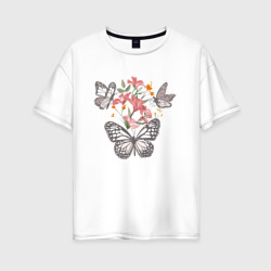 Бабочки в цветах – Женская футболка хлопок Oversize с принтом купить со скидкой в -16%