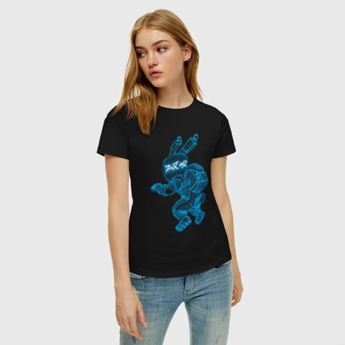 Женская футболка хлопок Заяц в скафандре, цвет черный - фото 3
