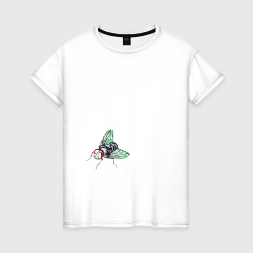 Женская футболка хлопок с принтом Муха зеленая, вид спереди #2