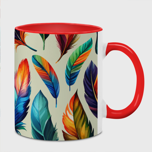 Кружка с полной запечаткой с принтом Разноцветные перья тропических птиц, вид спереди №1