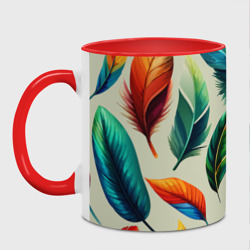 Кружка с принтом Разноцветные перья тропических птиц для любого человека, вид спереди №2. Цвет основы: белый + красный