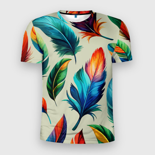 Мужская приталенная футболка с принтом Разноцветные перья тропических птиц, вид спереди №1