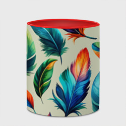 Кружка с принтом Разноцветные перья тропических птиц для любого человека, вид спереди №4. Цвет основы: белый + красный