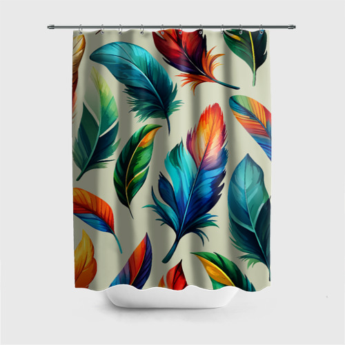 Штора для ванной с принтом Разноцветные перья тропических птиц, вид спереди №1