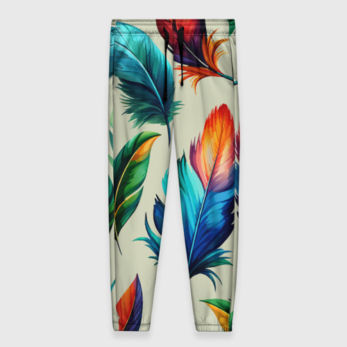 Женские брюки с принтом Разноцветные перья тропических птиц, вид спереди №1
