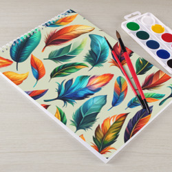 Альбом с принтом Разноцветные перья тропических птиц для любого человека, вид спереди №2. Цвет основы: белый