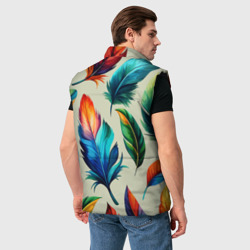 Жилет с принтом Разноцветные перья тропических птиц для мужчины, вид на модели сзади №2. Цвет основы: черный