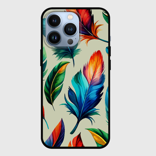 Чехол для iPhone 13 Pro с принтом Разноцветные перья тропических птиц, вид спереди №1