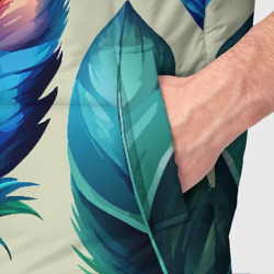 Жилет с принтом Разноцветные перья тропических птиц для мужчины, вид на модели спереди №4. Цвет основы: черный