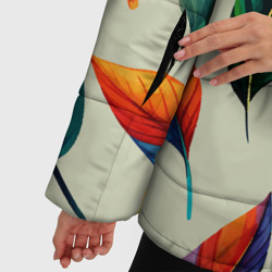 Куртка с принтом Разноцветные перья тропических птиц для женщины, вид на модели спереди №4. Цвет основы: черный