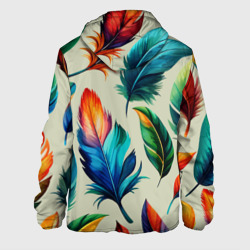 Куртка с принтом Разноцветные перья тропических птиц для мужчины, вид сзади №1. Цвет основы: белый