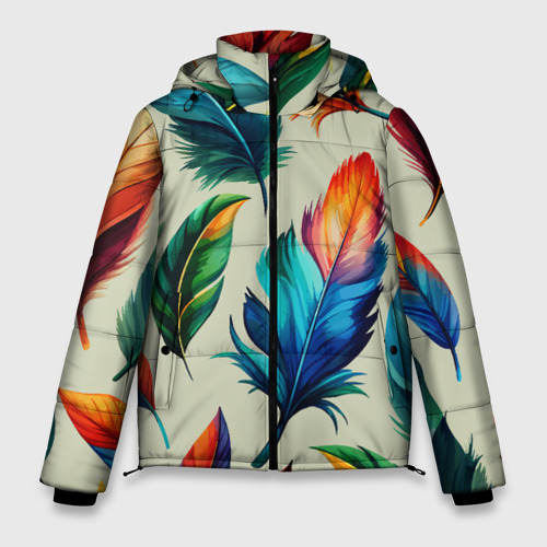 Мужская зимняя куртка с принтом Разноцветные перья тропических птиц, вид спереди №1