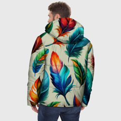 Куртка с принтом Разноцветные перья тропических птиц для мужчины, вид на модели сзади №2. Цвет основы: черный