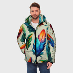 Куртка с принтом Разноцветные перья тропических птиц для мужчины, вид на модели спереди №2. Цвет основы: черный