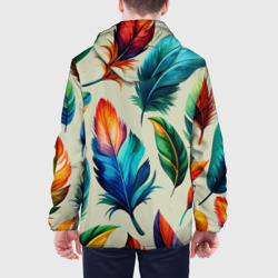 Куртка с принтом Разноцветные перья тропических птиц для мужчины, вид на модели сзади №2. Цвет основы: белый