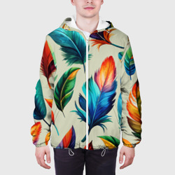 Куртка с принтом Разноцветные перья тропических птиц для мужчины, вид на модели спереди №3. Цвет основы: белый