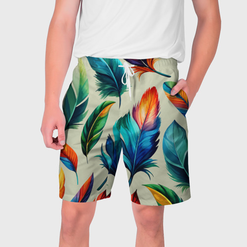 Мужские шорты с принтом Разноцветные перья тропических птиц, вид спереди №1
