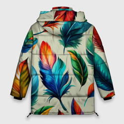 Куртка с принтом Разноцветные перья тропических птиц для женщины, вид сзади №1. Цвет основы: черный