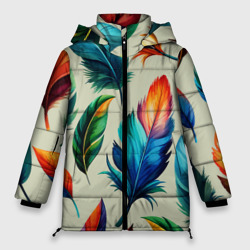 Разноцветные перья тропических птиц – Женская зимняя куртка Oversize с принтом купить
