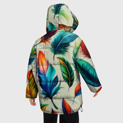 Куртка с принтом Разноцветные перья тропических птиц для женщины, вид на модели сзади №2. Цвет основы: черный