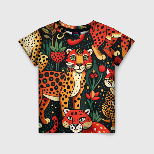 Детская футболка с принтом Гепарды лесная поляна ягоды мухоморы, вид спереди №1