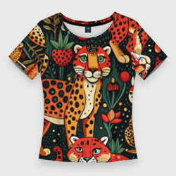 Женская футболка 3D Slim Гепарды лесная поляна ягоды мухоморы